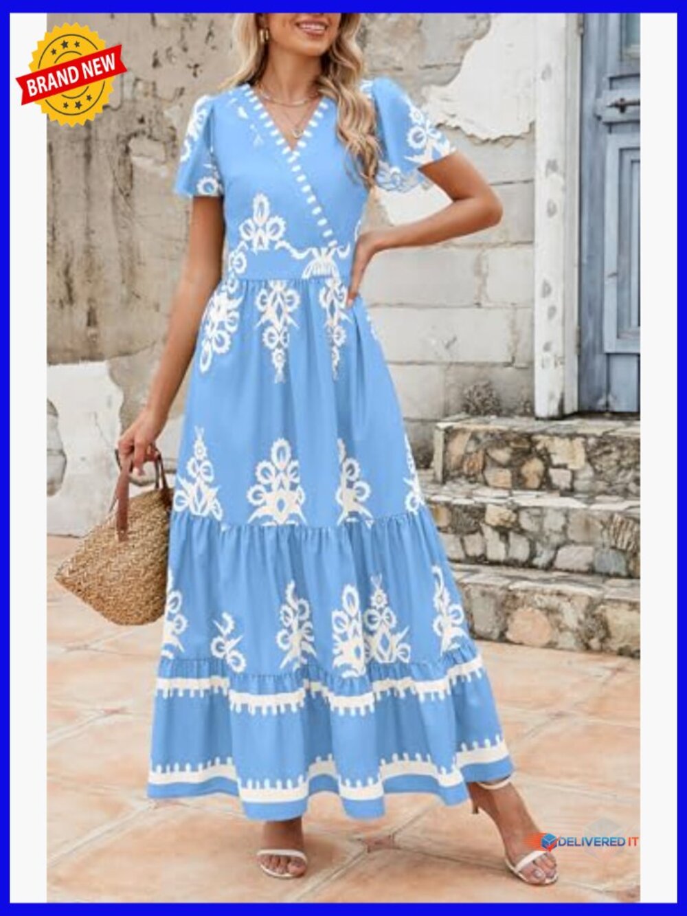 Boho Maxi Dress with Pockets Tiered Bell Sleeve - Picture 5 of 7